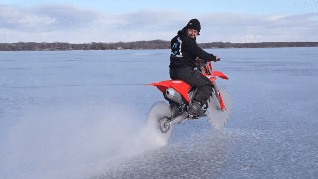 Put Saw Blade Wheels On Your Dirt Bike To Rip On Frozen Lakes While Ice Still Exists