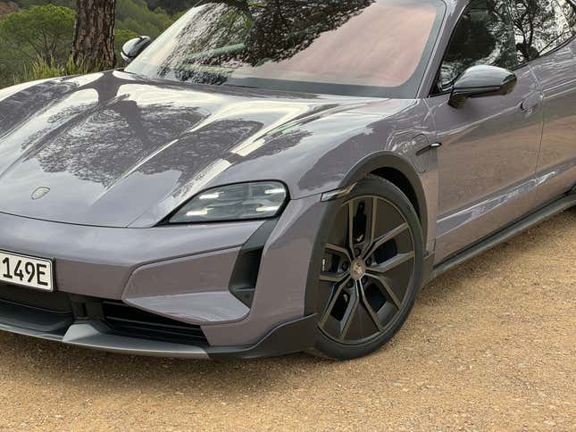 Front end and wheel of a lavender 2025 Porsche Taycan Turbo S Cross Turismo