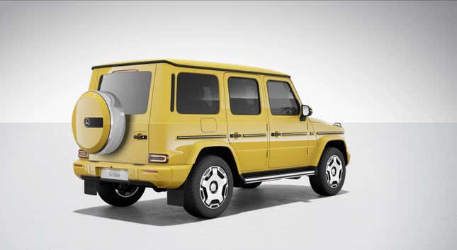 Rear 3/4 view of a yellow Mercedes-Benz G-Class