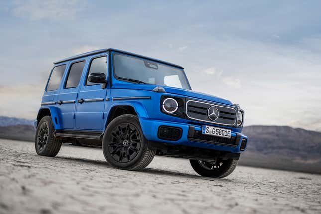 Front 3/4 view of a blue 2025 Mercedes-Benz G580 EV