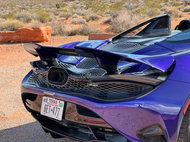 Rear spoiler of a purple McLaren 750S Spider