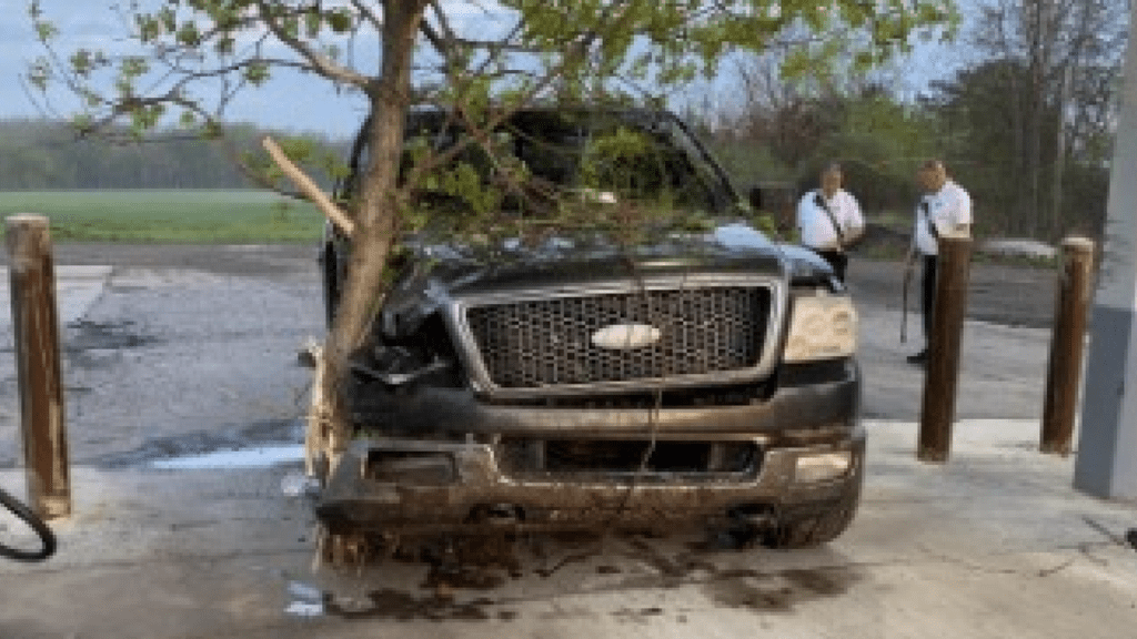 Drunk Teen Pulls Up To Gas Station With Tree Stuck In His Ford F-150