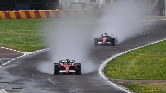 Ferrari test drivers Arthur Leclerc of Monaco and Scuderia Ferrari leads Oliver Bearman of Great Britain Scuderia Ferrari on track during the Ferrari F1 Spray Guard Testing Session at Fiorano Circuit on May 09, 2024 in Fiorano Modenese, Italy.