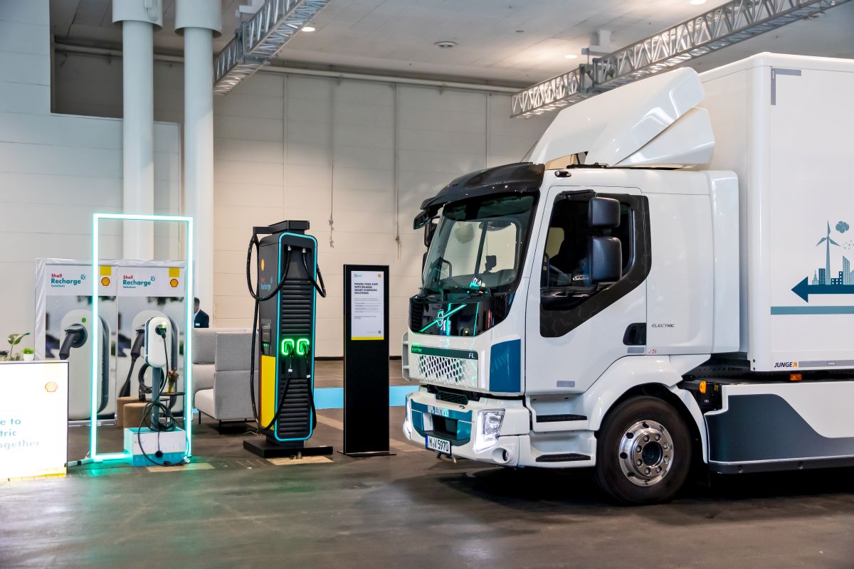 Volvo FL Electric truck at a EV charging station at the Hannover IAA Transportation Motor Show, Germany 