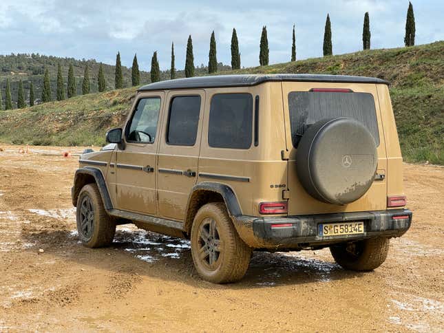 Rear 3/4 of a beige Mercedes-Benz G580 EV