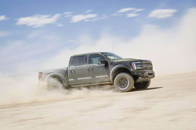 Front 3/4 view of a green 2024 Ford F-150 Raptor R