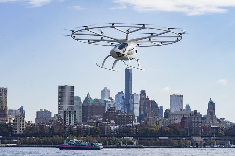 An electrical vertical takeoff and landing aircraft during a test flight