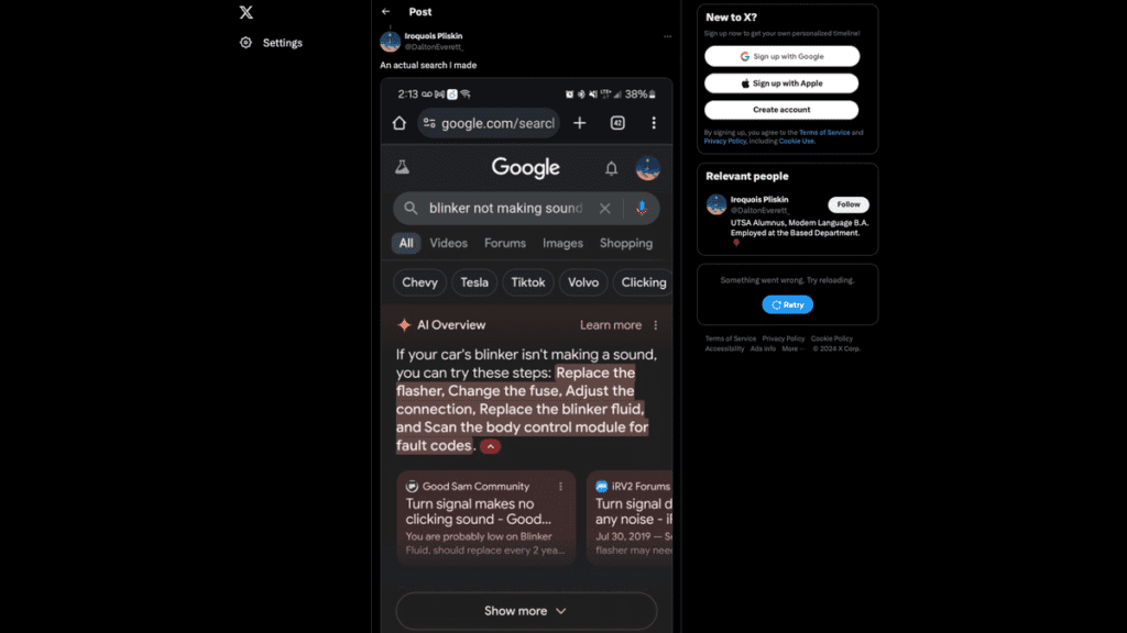 Google's New AI Overview Says You Might Need To Change Your Blinker Fluid