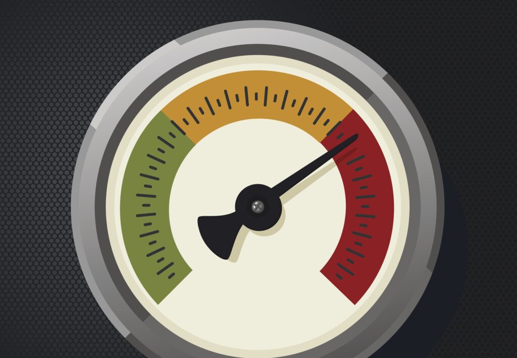 Retro manometer. Realistic vintage pressure gauge. Metallic pressure sensor.