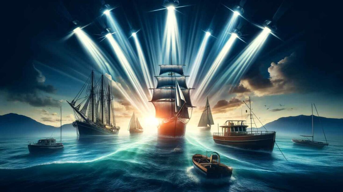 Image of a large boat on water in the middle of smaller boats with a light shining onto it for the blog post, What Makes Us Different To Other Boat Insurance Companies?