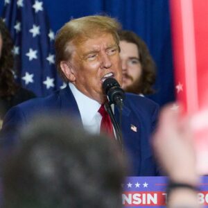 Donald Trump speaks during a campaign event in Green Bay, Wisconsin