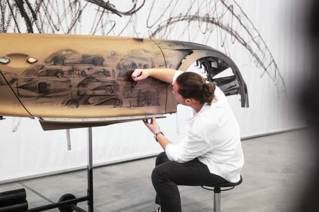 A designer drawing on the Bugatti Chiron Golden Era body panels