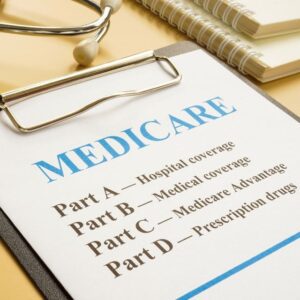 A chart on a clipboard saying Medicare Part A - hospital coverage; Part B - medical coverage; Part C - Medicare Advantage; Part D - prescription drugs