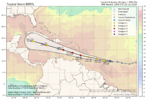 Stomr Beryl hurricane tracking map and path