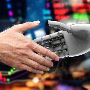 Person shaking hands with a robo advisor