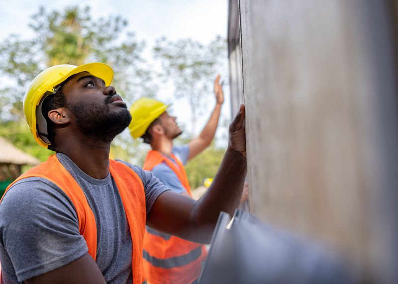 Construction workers installing panels while building a house