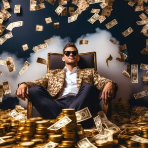 Successful man sitting in a chair surrounded by money