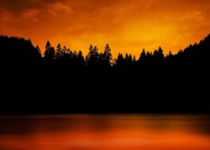 B.C. forest fire with trees in silhouette and reflection in lake