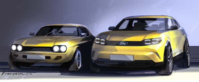 Design sketch of a Ford Capri EV and original Capri