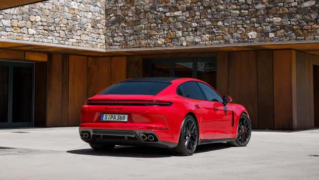 Rear 3/4 view of a red Porsche Panamera GTS