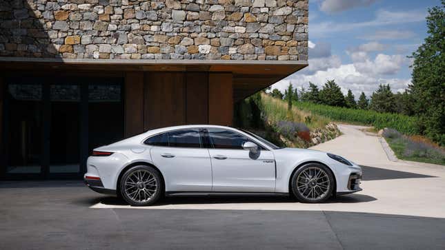 Side view of a white Porsche Panamera Turbo S E-Hybrid