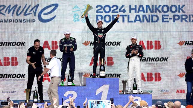 A photo of the Formula E podium in Portland. 