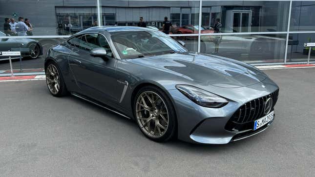 Front 3/4 view of a grey 2025 Mercedes-AMG GT63 S E Performance