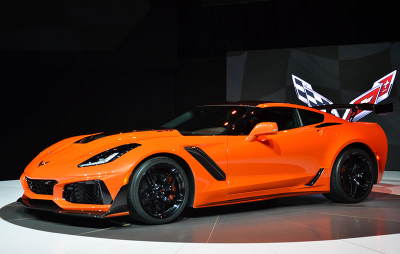 The 2019 Corvette ZR1 coupe, front three-quarter view.