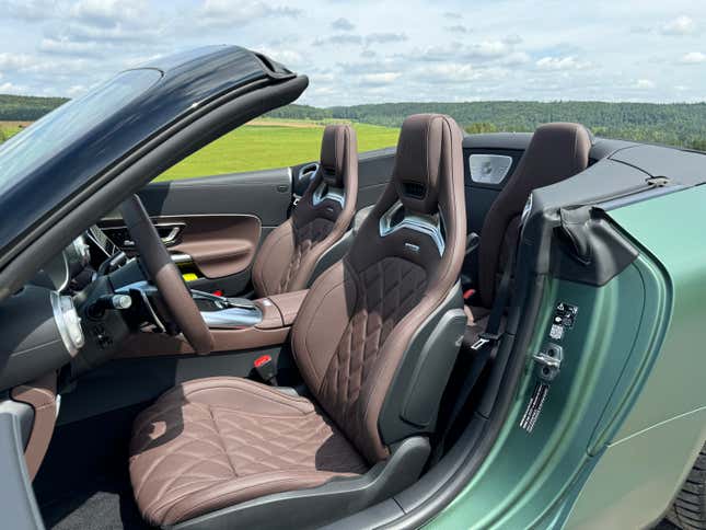 Front seats of a matte green Mercedes-AMG SL63 S E Performance