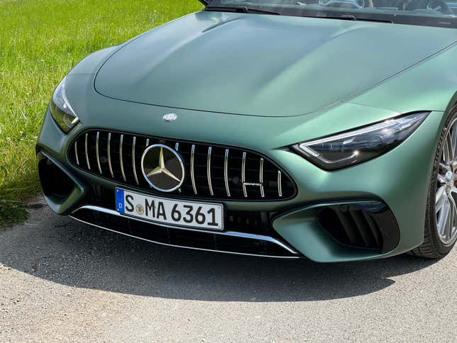 Front end of a matte green Mercedes-AMG SL63 S E Performance