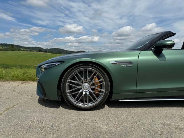 Front wheel of a matte green Mercedes-AMG SL63 S E Performance