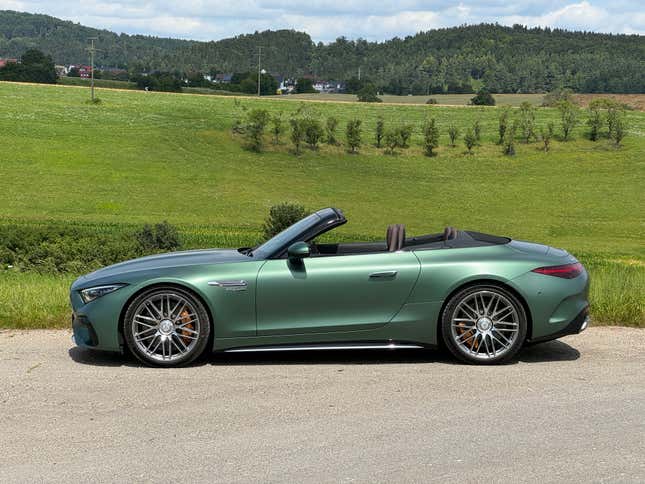 Side view of a matte green Mercedes-AMG SL63 S E Performance