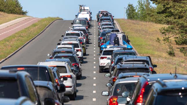 A traffic jam on a hilly road in the countryside