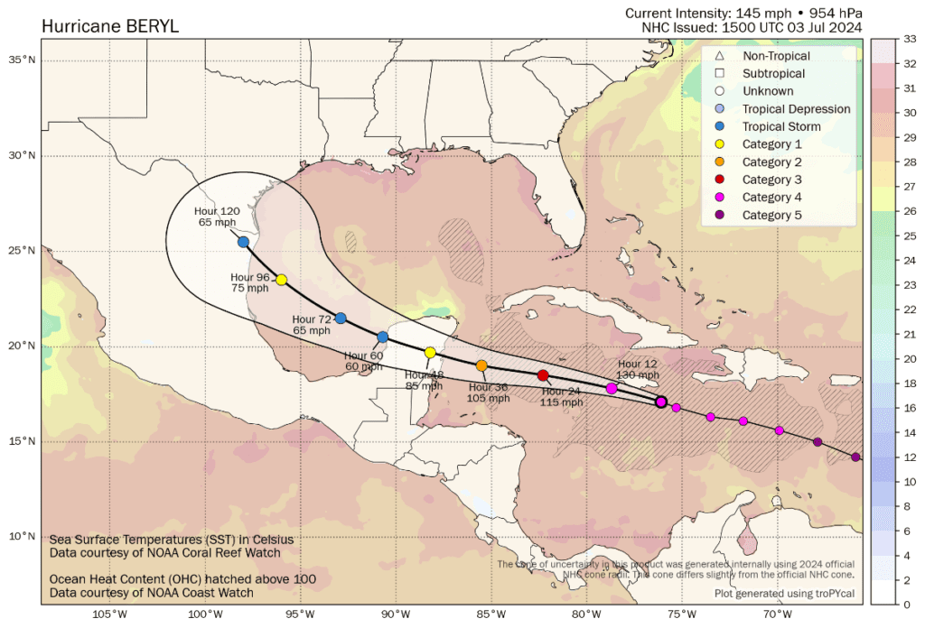 Hurricane Beryl tracking map and path