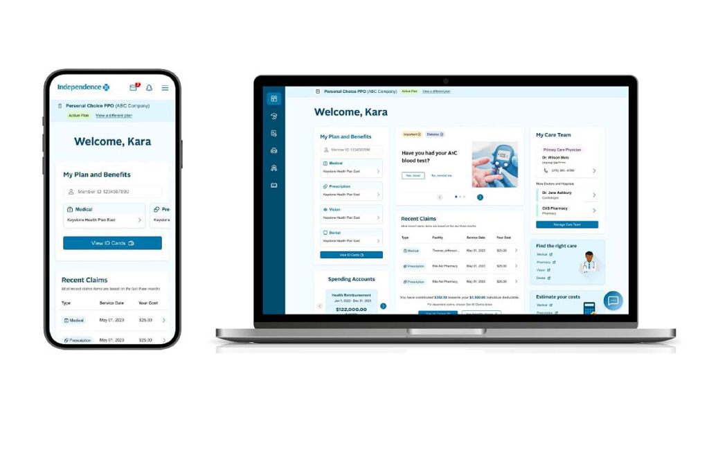 A smartphone and laptop computer, with the new IBX member portal on the screen of each.