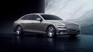 Refreshed 2026 Genesis Electrified G80 greets the public in Busan, Korea