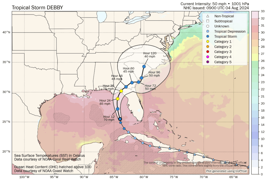 Tropical storm Debby forecast for hurricane strength landfall in Florida