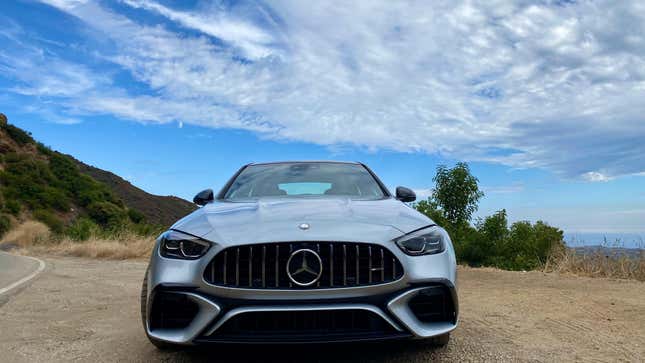 A head-on shot of the C63 parked on a cliff