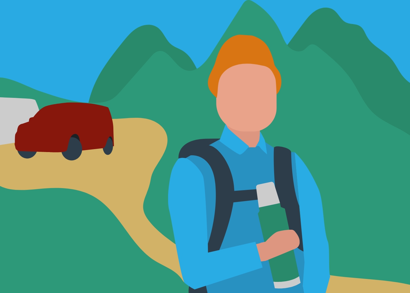 Illustration of person going on a hike with a flask of tea in their hand