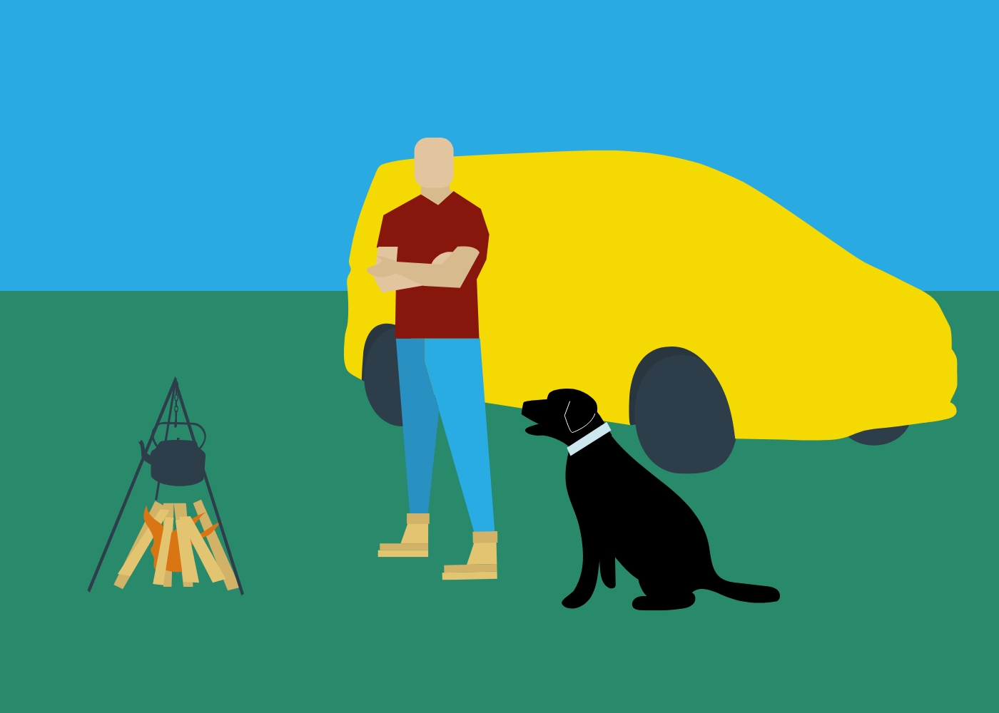 Illustration of person with a dog in front of their van, brewing tea on a fire