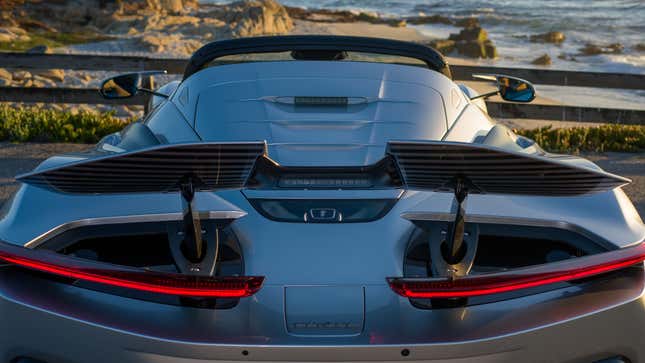 Rear wing and deck of a silver Automobili Pininfarina Battista Targamerica