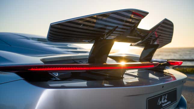 Rear wing of a silver Automobili Pininfarina Battista Targamerica