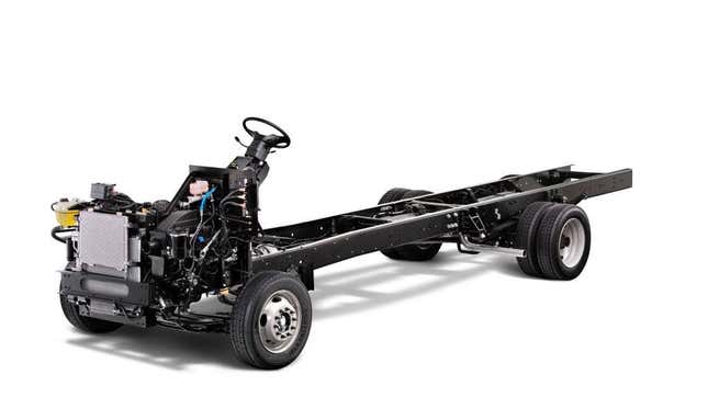 A photo of a bare truck chassis with Ford's Triton V10