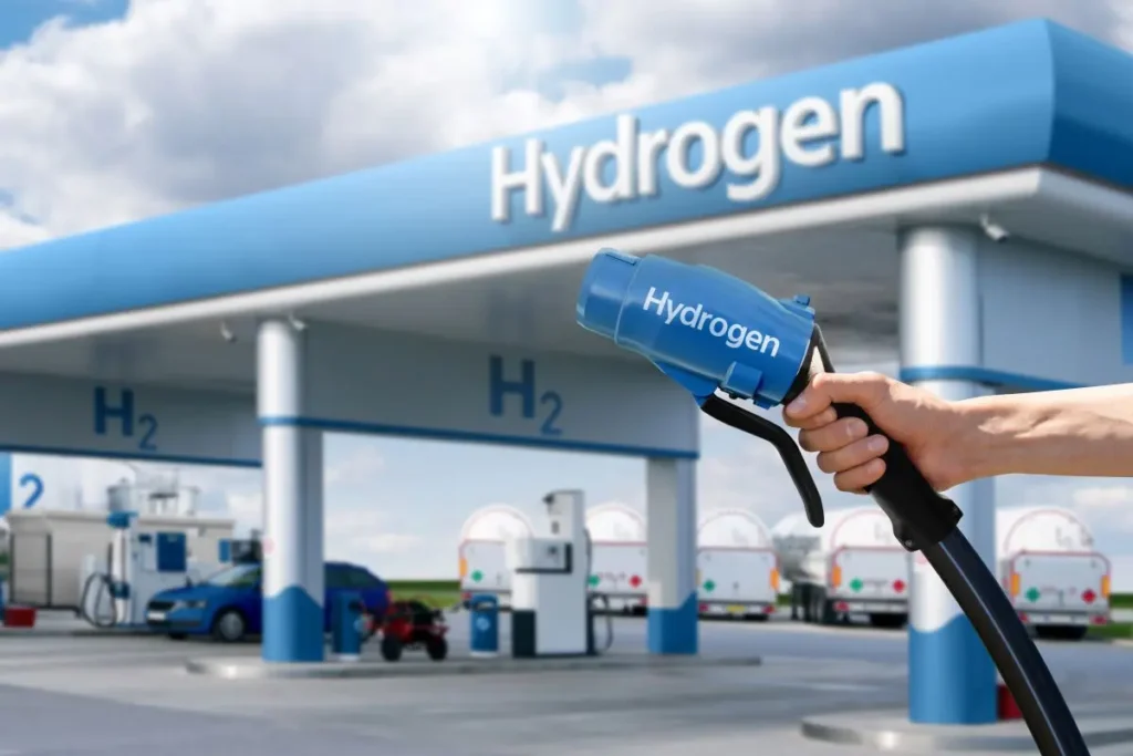 Man holds a hydrogen fuelling nozzle in front of a hydrogen fuel station