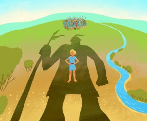 Bible children illustration. David and Goliath in single combat. Little David stands under huge shadow of Goliath