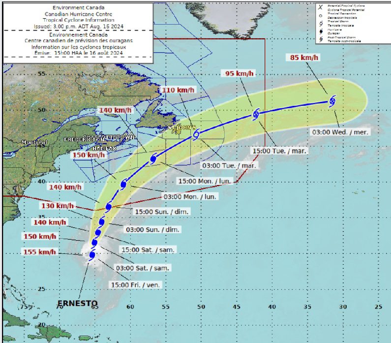 Hurricane Ernesto's track takes the storm past the south of Atlantic Canada, jusy south of Newfoundland and Labrador