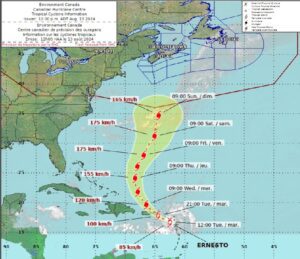 Track of Tropical Storm Ernesto heads north to Atlantic Canada