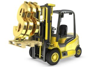 Forklift of dollar signs representing a corporate buyout