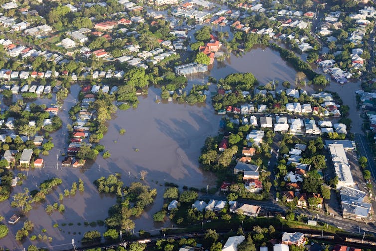 Aeriel view of large area of flooded homes