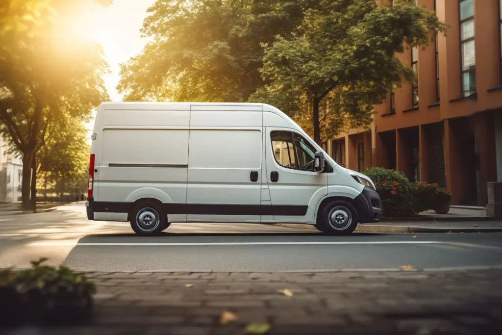 Image of a van parked outside flats with trees in the background